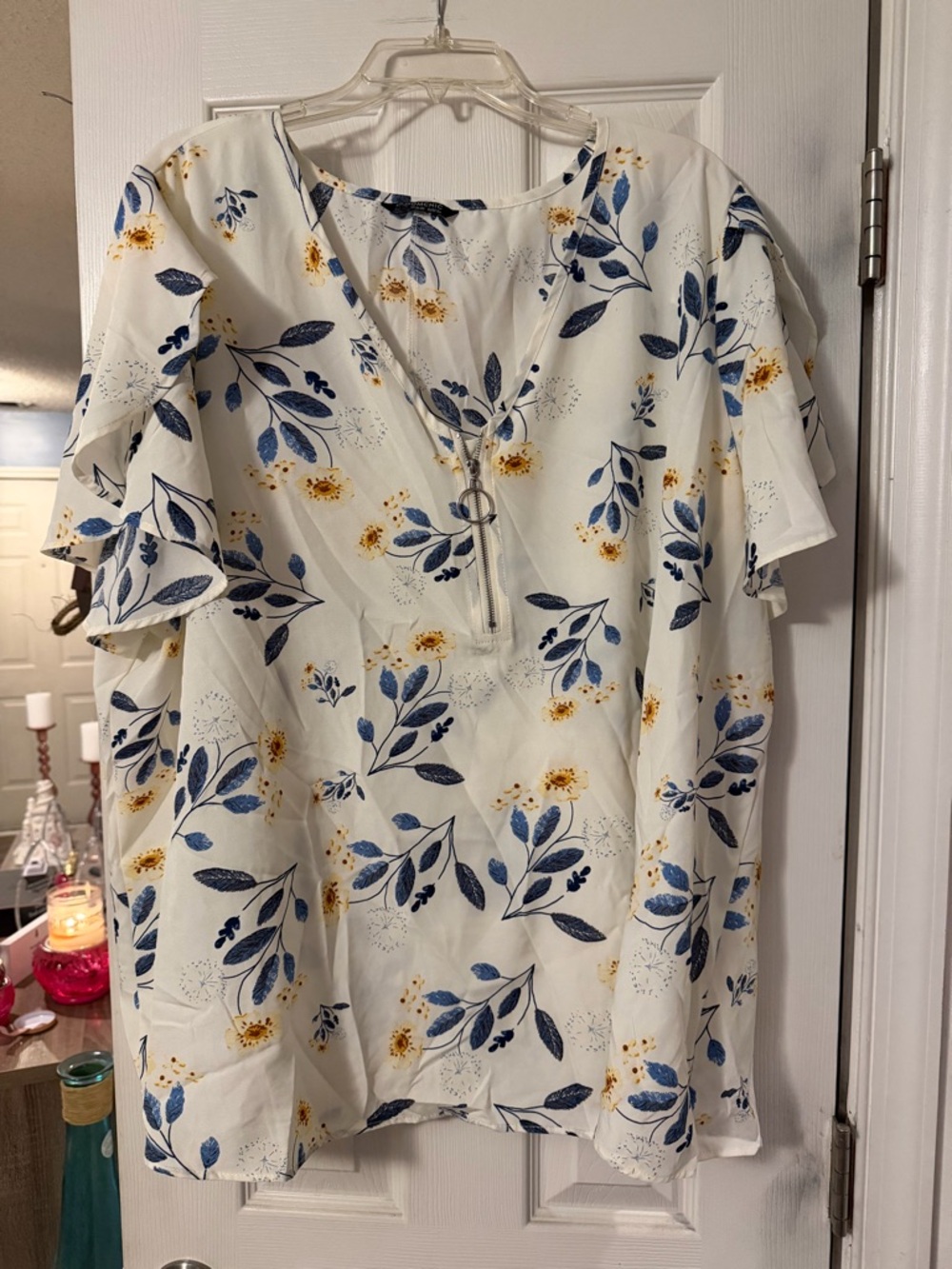 Bloomchic Cream Top with Blue Leaf and Yellow Floral Motif
